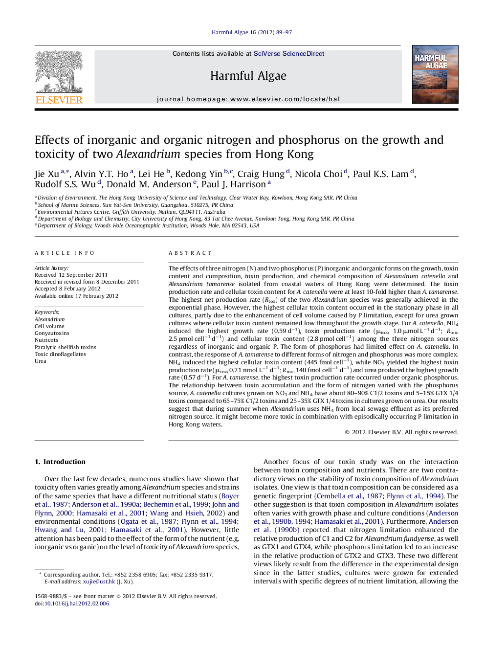 Effects of inorganic and organic nitrogen and phosphorus on the growth and toxicity of two Alexandrium species from Hong Kong