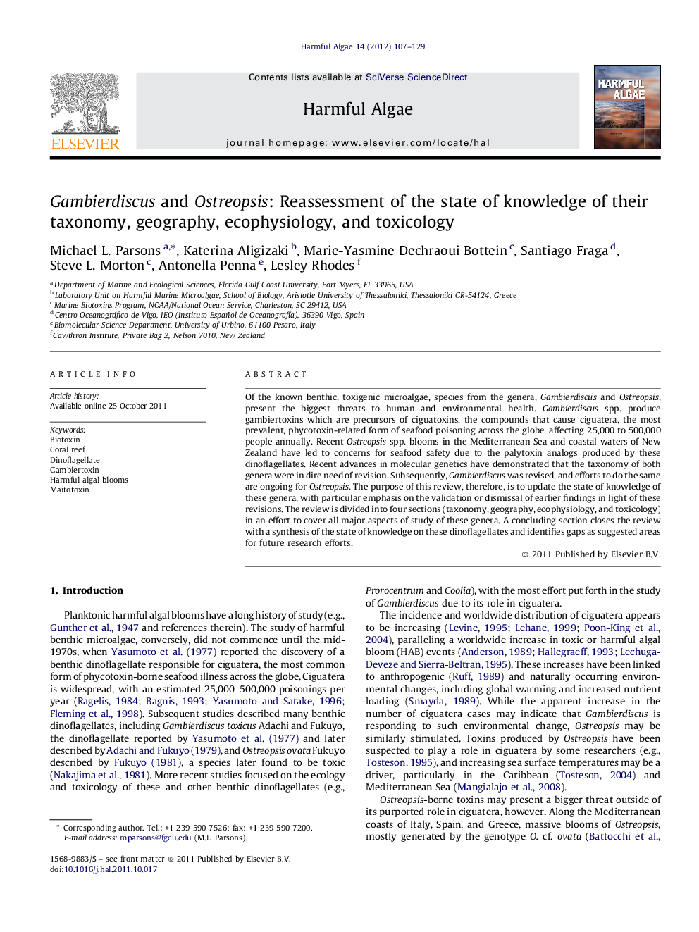 Gambierdiscus and Ostreopsis: Reassessment of the state of knowledge of their taxonomy, geography, ecophysiology, and toxicology