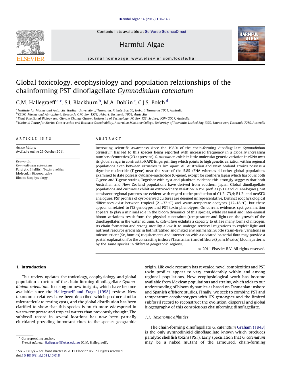 Global toxicology, ecophysiology and population relationships of the chainforming PST dinoflagellate Gymnodinium catenatum