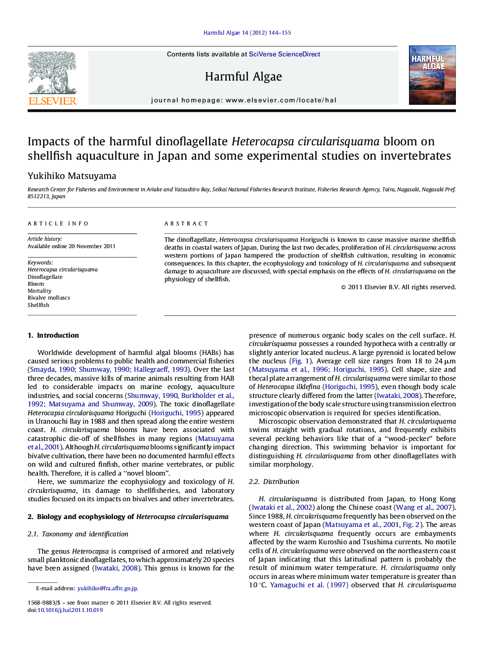 Impacts of the harmful dinoflagellate Heterocapsa circularisquama bloom on shellfish aquaculture in Japan and some experimental studies on invertebrates