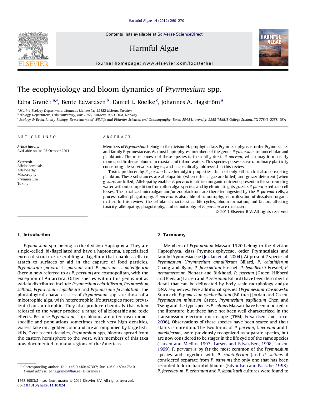 عکس صفحه اول مقاله: The ecophysiology and bloom dynamics of Prymnesium spp. The ecophysiology and bloom dynamics of Prymnesium spp.