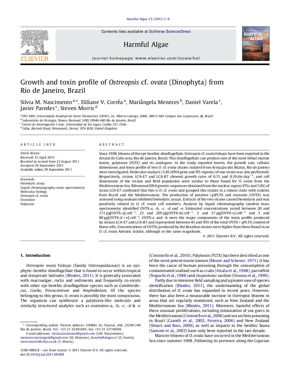 Growth and toxin profile of Ostreopsis cf. ovata (Dinophyta) from Rio de Janeiro, Brazil