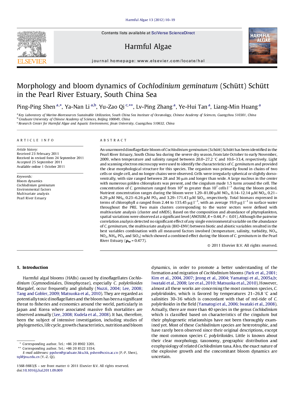 Morphology and bloom dynamics of Cochlodinium geminatum (Schütt) Schütt in the Pearl River Estuary, South China Sea