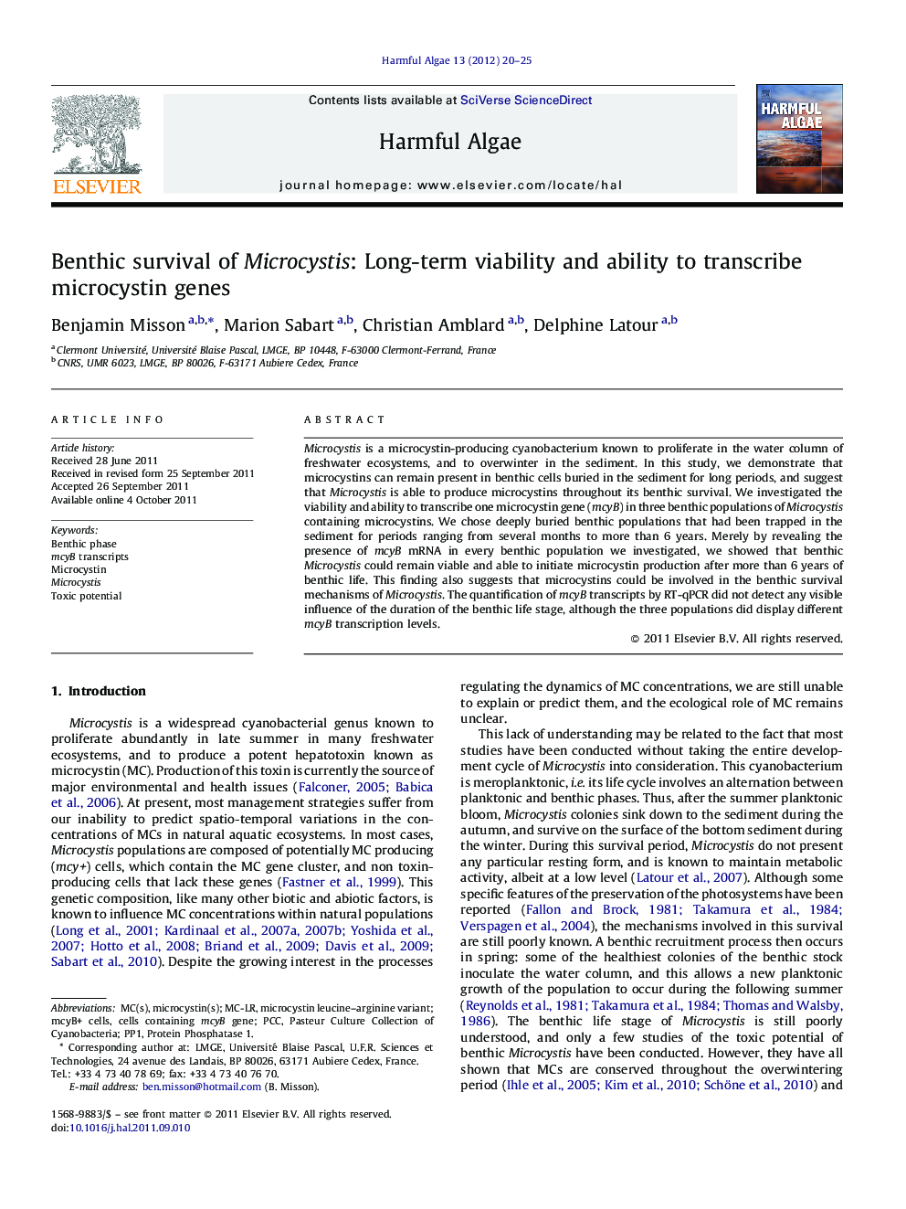 Benthic survival of Microcystis: Long-term viability and ability to transcribe microcystin genes