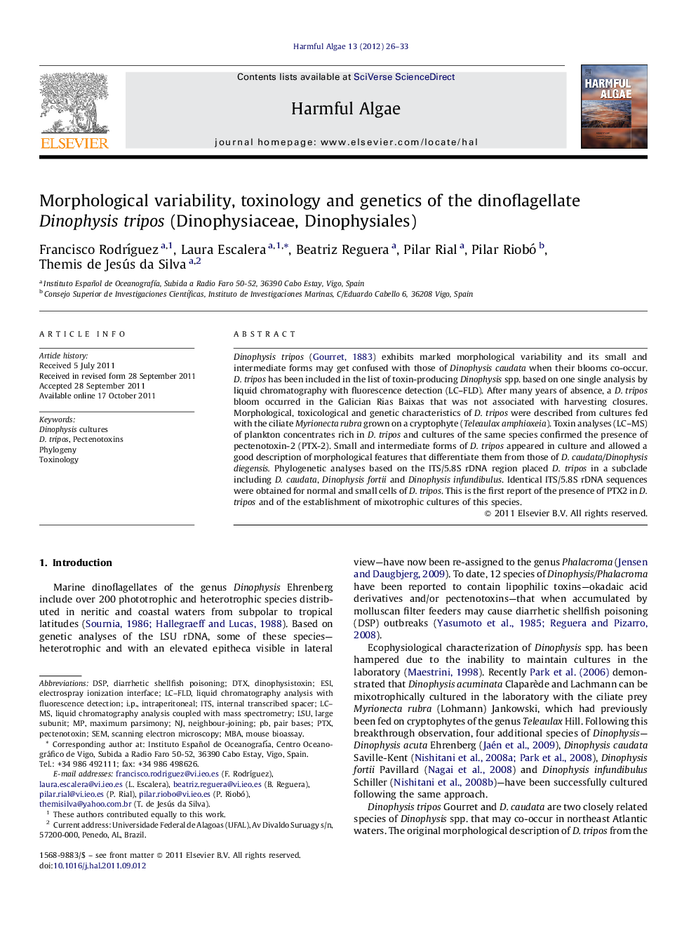 Morphological variability, toxinology and genetics of the dinoflagellate Dinophysis tripos (Dinophysiaceae, Dinophysiales)