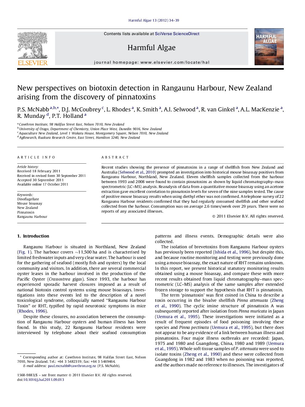 New perspectives on biotoxin detection in Rangaunu Harbour, New Zealand arising from the discovery of pinnatoxins