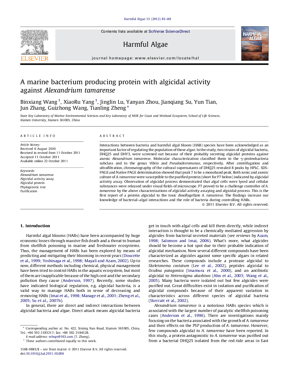 A marine bacterium producing protein with algicidal activity against Alexandrium tamarense