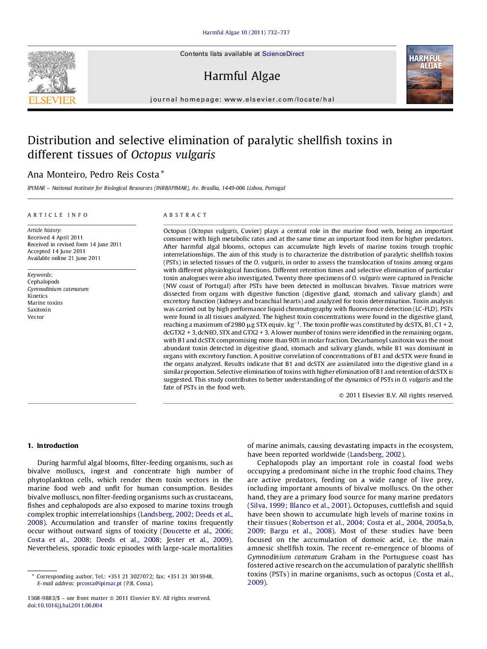 Distribution and selective elimination of paralytic shellfish toxins in different tissues of Octopus vulgaris