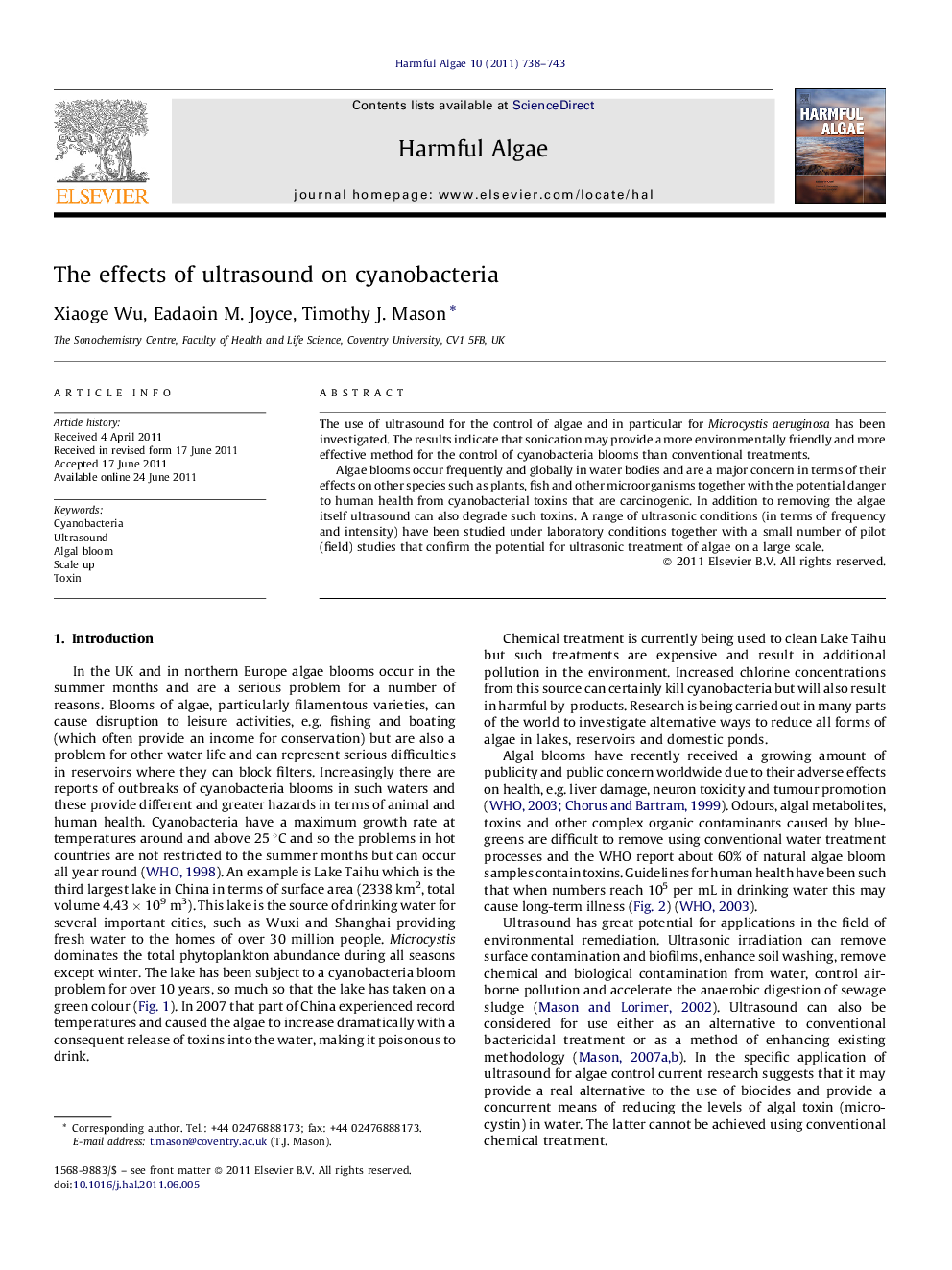 The effects of ultrasound on cyanobacteria