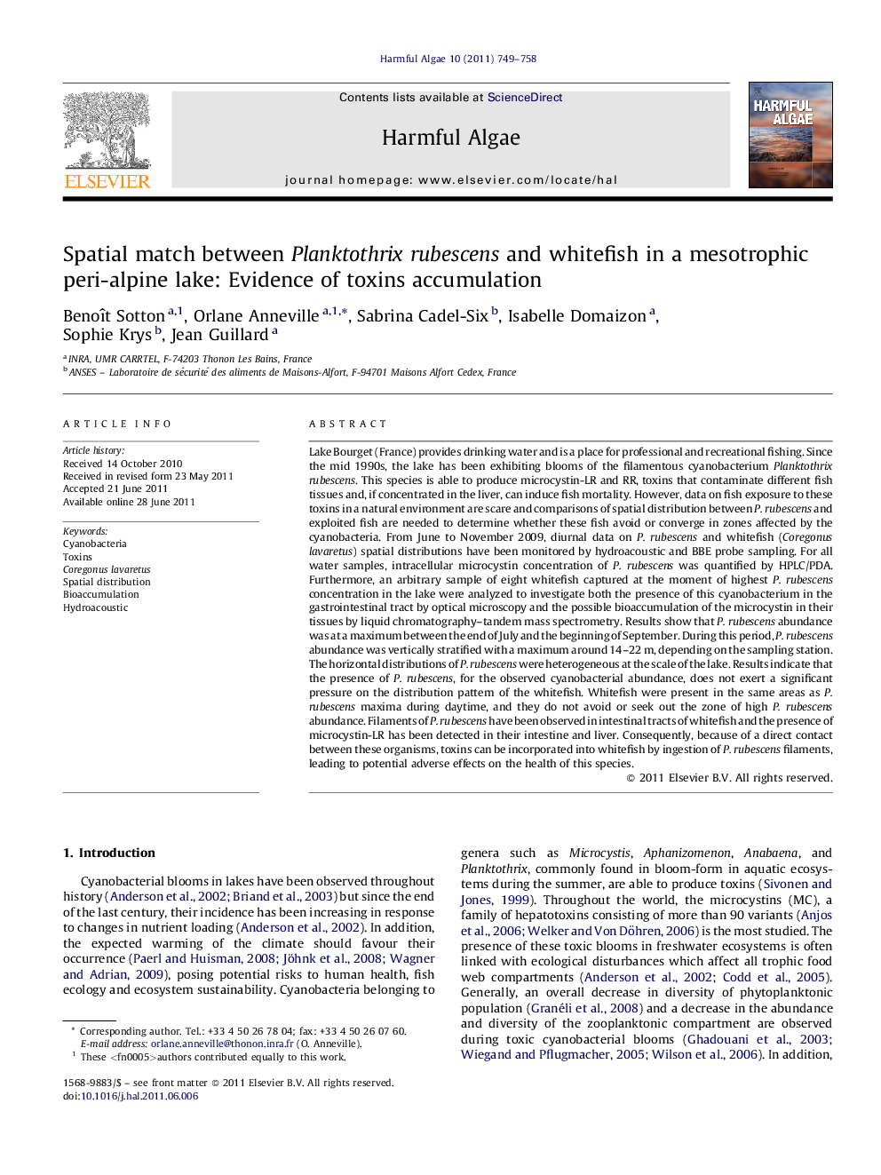 Spatial match between Planktothrix rubescens and whitefish in a mesotrophic peri-alpine lake: Evidence of toxins accumulation