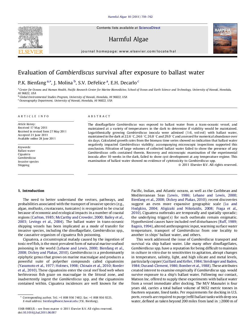 Evaluation of Gambierdiscus survival after exposure to ballast water