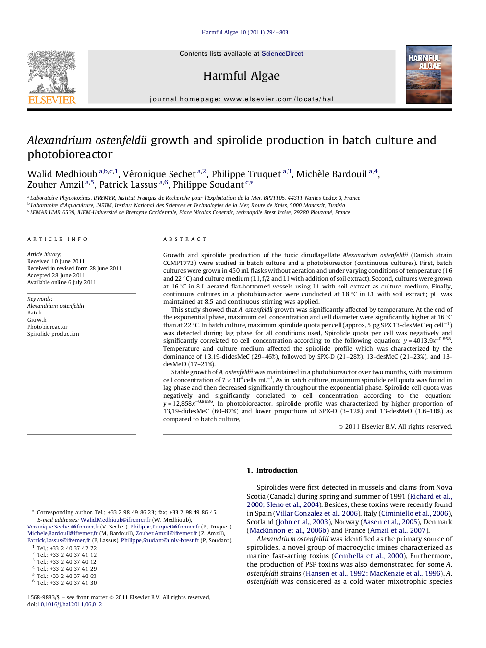 Alexandrium ostenfeldii growth and spirolide production in batch culture and photobioreactor