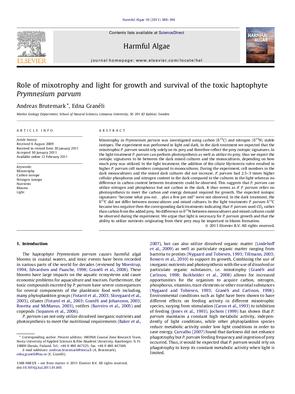 Role of mixotrophy and light for growth and survival of the toxic haptophyte Prymnesium parvum