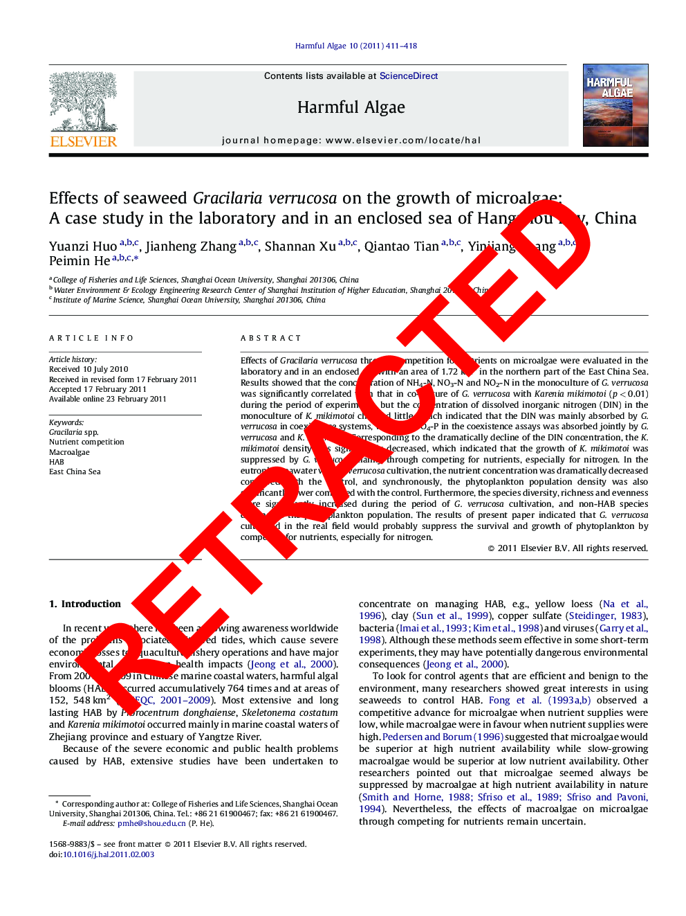 RETRACTED: Effects of seaweed Gracilaria verrucosa on the growth of microalgae: A case study in the laboratory and in an enclosed sea of Hangzhou Bay, China