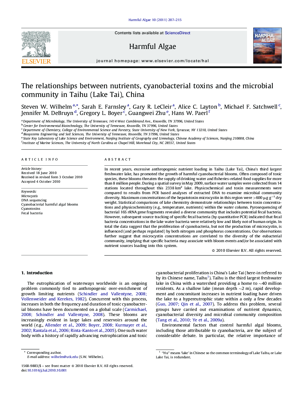 The relationships between nutrients, cyanobacterial toxins and the microbial community in Taihu (Lake Tai), China