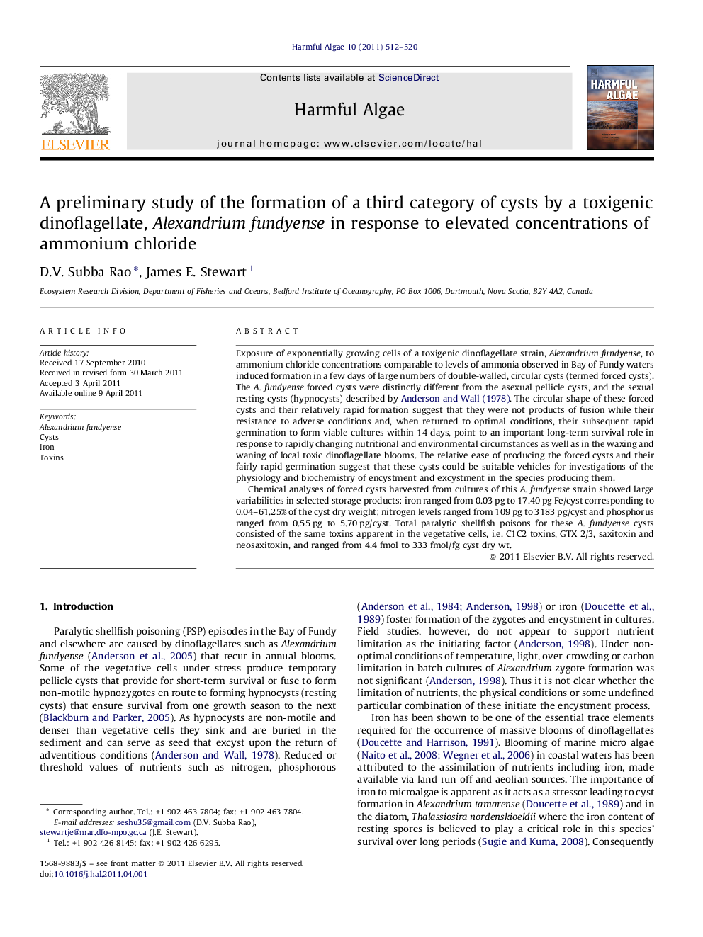 A preliminary study of the formation of a third category of cysts by a toxigenic dinoflagellate, Alexandrium fundyense in response to elevated concentrations of ammonium chloride