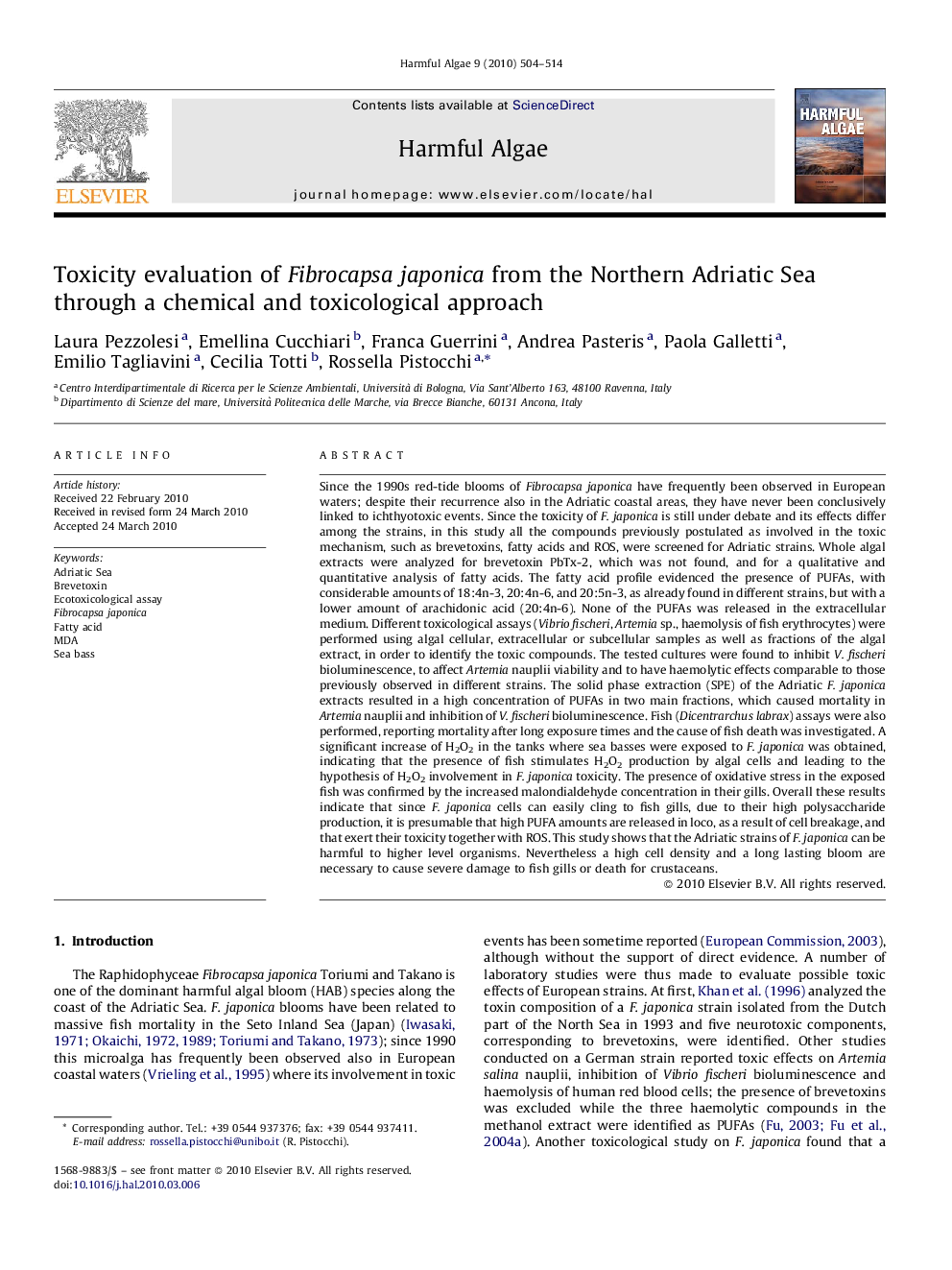 Toxicity evaluation of Fibrocapsa japonica from the Northern Adriatic Sea through a chemical and toxicological approach