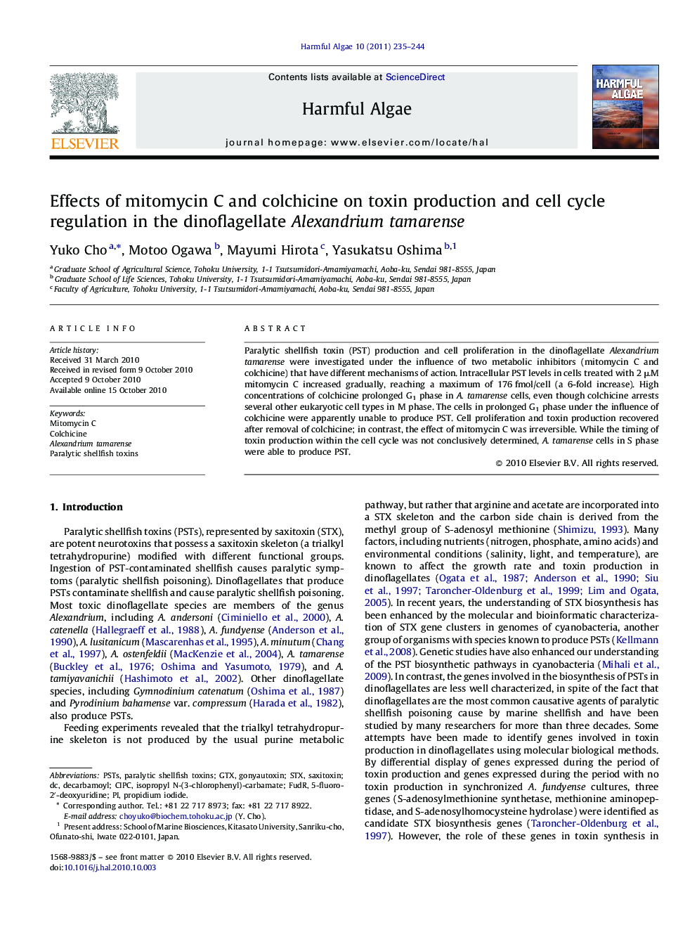 Effects of mitomycin C and colchicine on toxin production and cell cycle regulation in the dinoflagellate Alexandrium tamarense