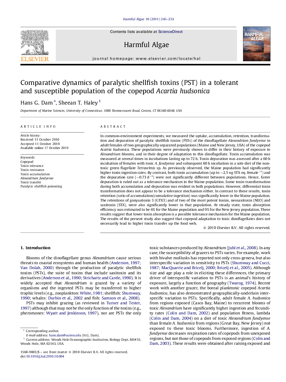 Comparative dynamics of paralytic shellfish toxins (PST) in a tolerant and susceptible population of the copepod Acartia hudsonica