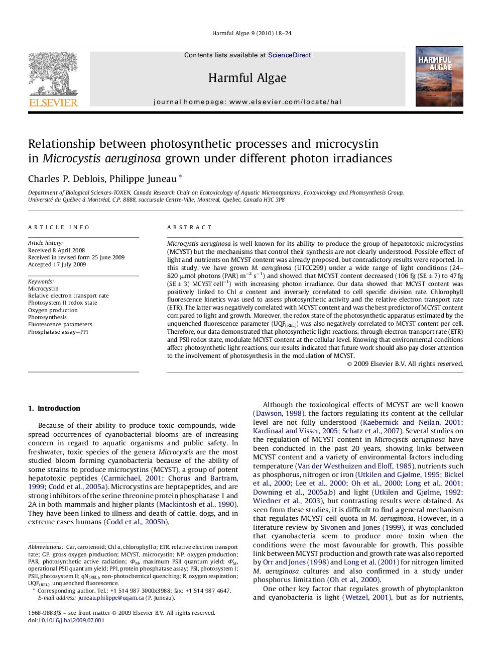 Relationship between photosynthetic processes and microcystin in Microcystis aeruginosa grown under different photon irradiances