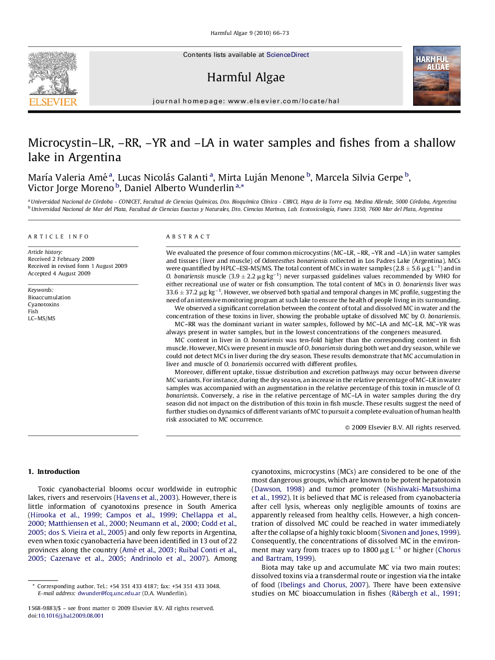 Microcystin–LR, –RR, –YR and –LA in water samples and fishes from a shallow lake in Argentina