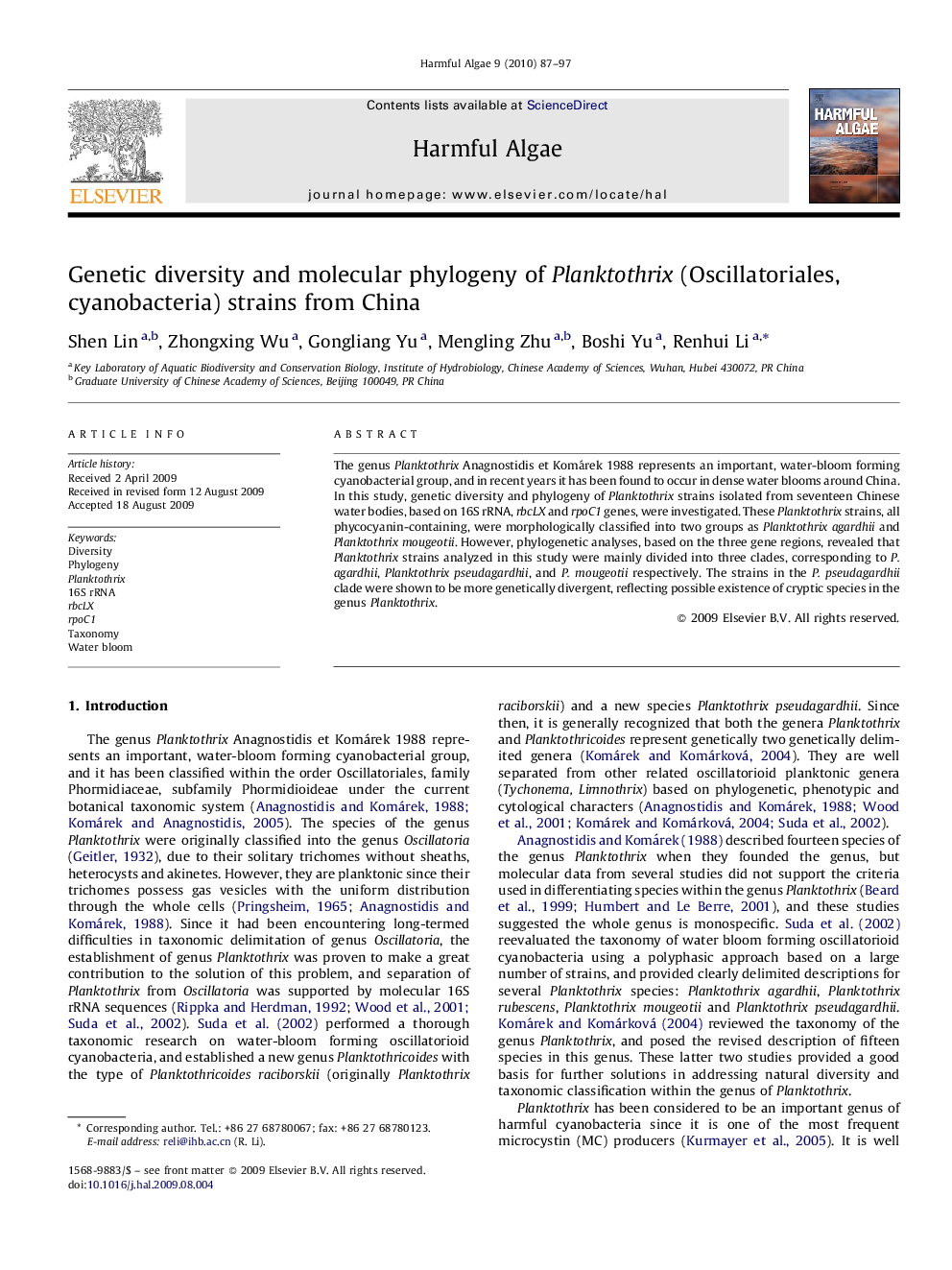 Genetic diversity and molecular phylogeny of Planktothrix (Oscillatoriales, cyanobacteria) strains from China