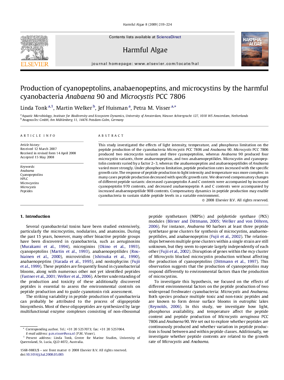 Production of cyanopeptolins, anabaenopeptins, and microcystins by the harmful cyanobacteria Anabaena 90 and Microcystis PCC 7806