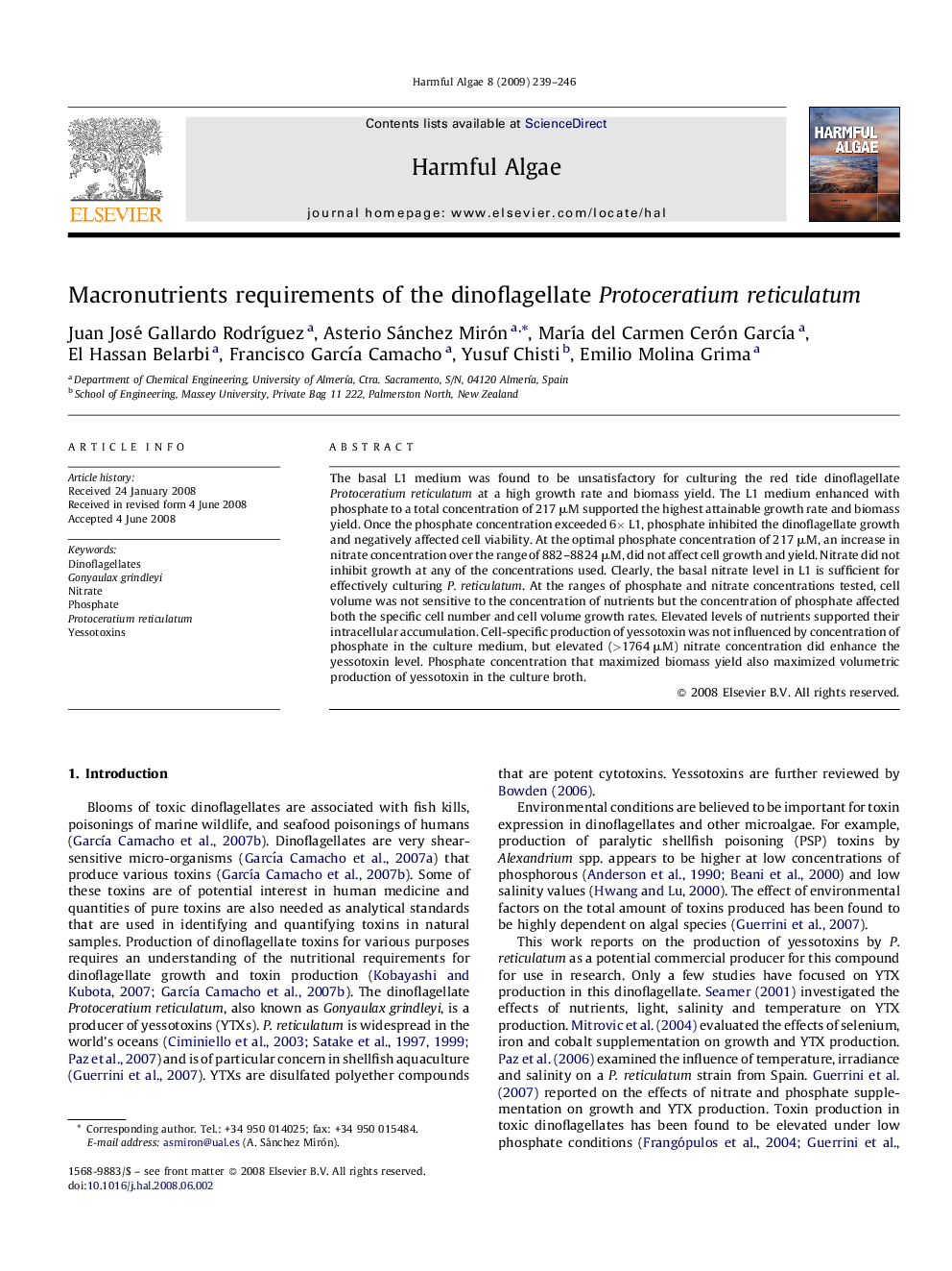 Macronutrients requirements of the dinoflagellate Protoceratium reticulatum