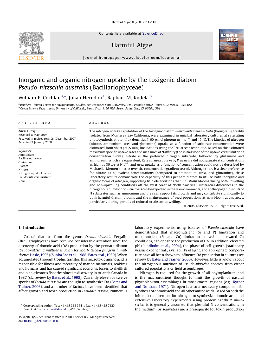 Inorganic and organic nitrogen uptake by the toxigenic diatom Pseudo-nitzschia australis (Bacillariophyceae)