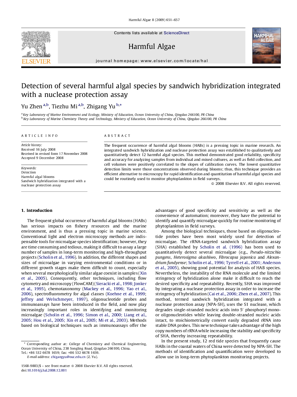 Detection of several harmful algal species by sandwich hybridization integrated with a nuclease protection assay