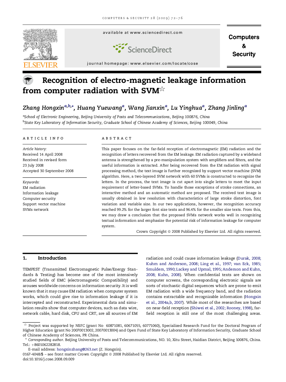 Recognition of electro-magnetic leakage information from computer radiation with SVM 