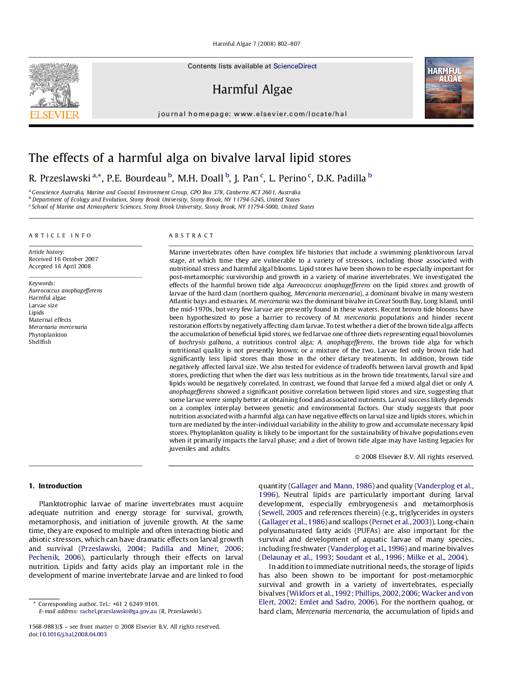 The effects of a harmful alga on bivalve larval lipid stores