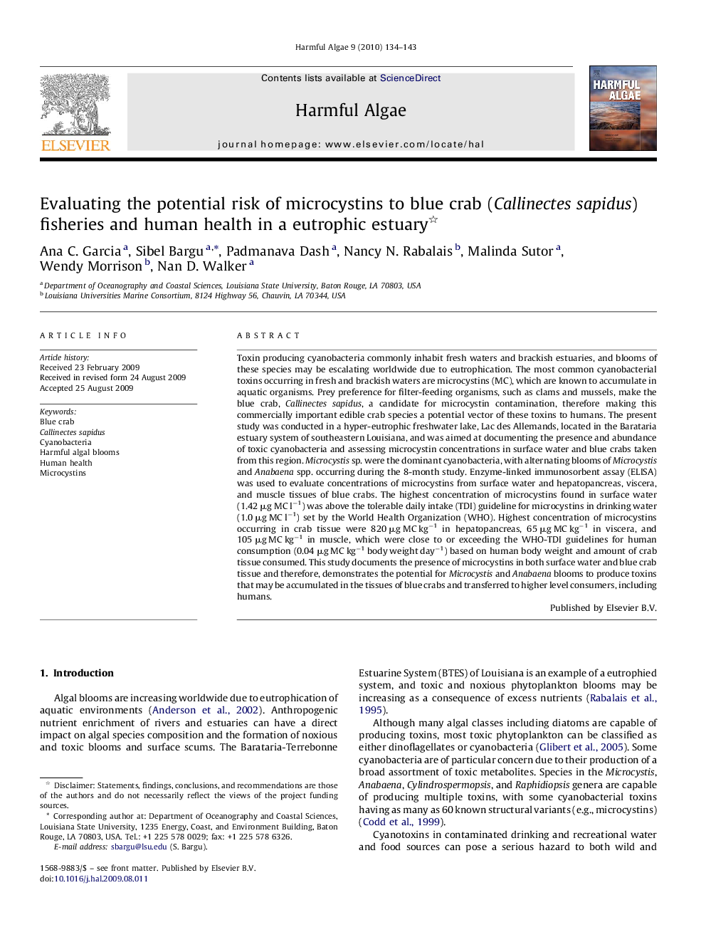 Evaluating the potential risk of microcystins to blue crab (Callinectes sapidus) fisheries and human health in a eutrophic estuary 