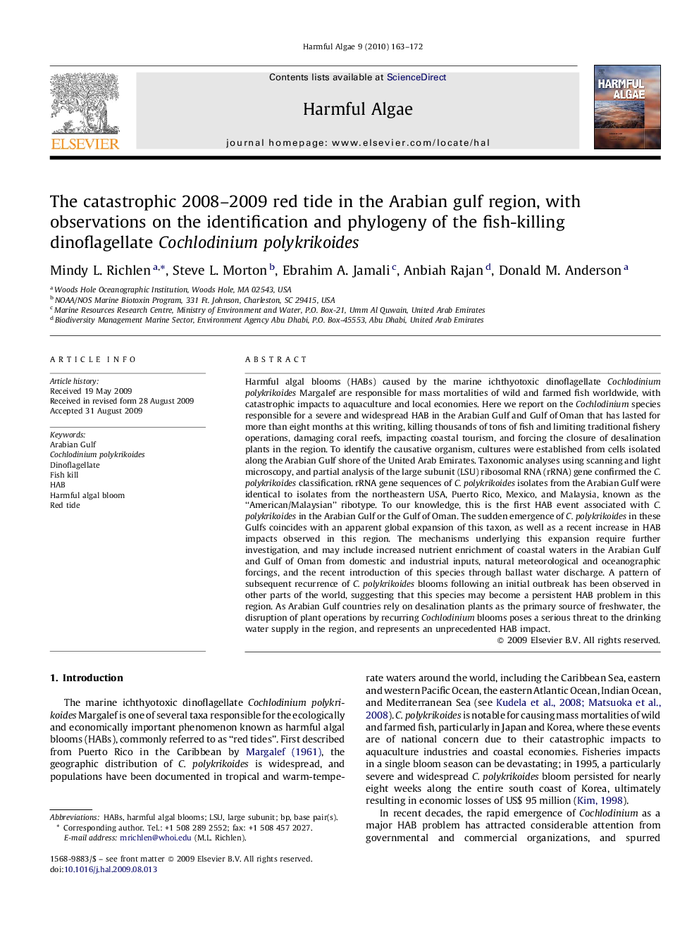 The catastrophic 2008–2009 red tide in the Arabian gulf region, with observations on the identification and phylogeny of the fish-killing dinoflagellate Cochlodinium polykrikoides