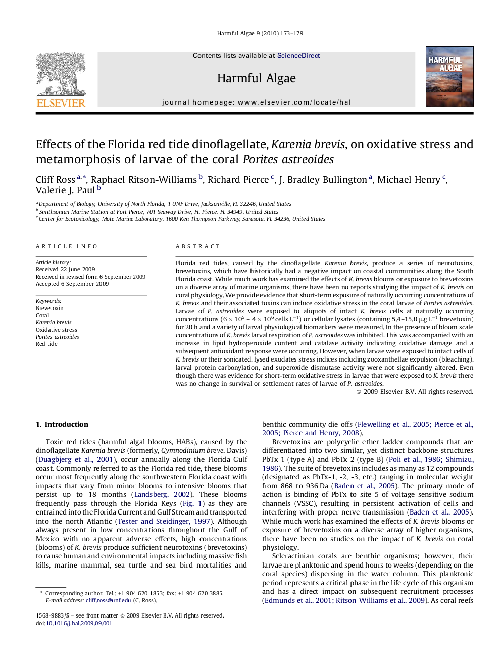 Effects of the Florida red tide dinoflagellate, Karenia brevis, on oxidative stress and metamorphosis of larvae of the coral Porites astreoides