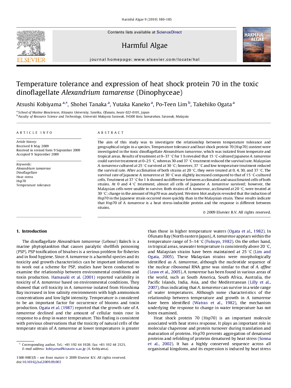 Temperature tolerance and expression of heat shock protein 70 in the toxic dinoflagellate Alexandrium tamarense (Dinophyceae)