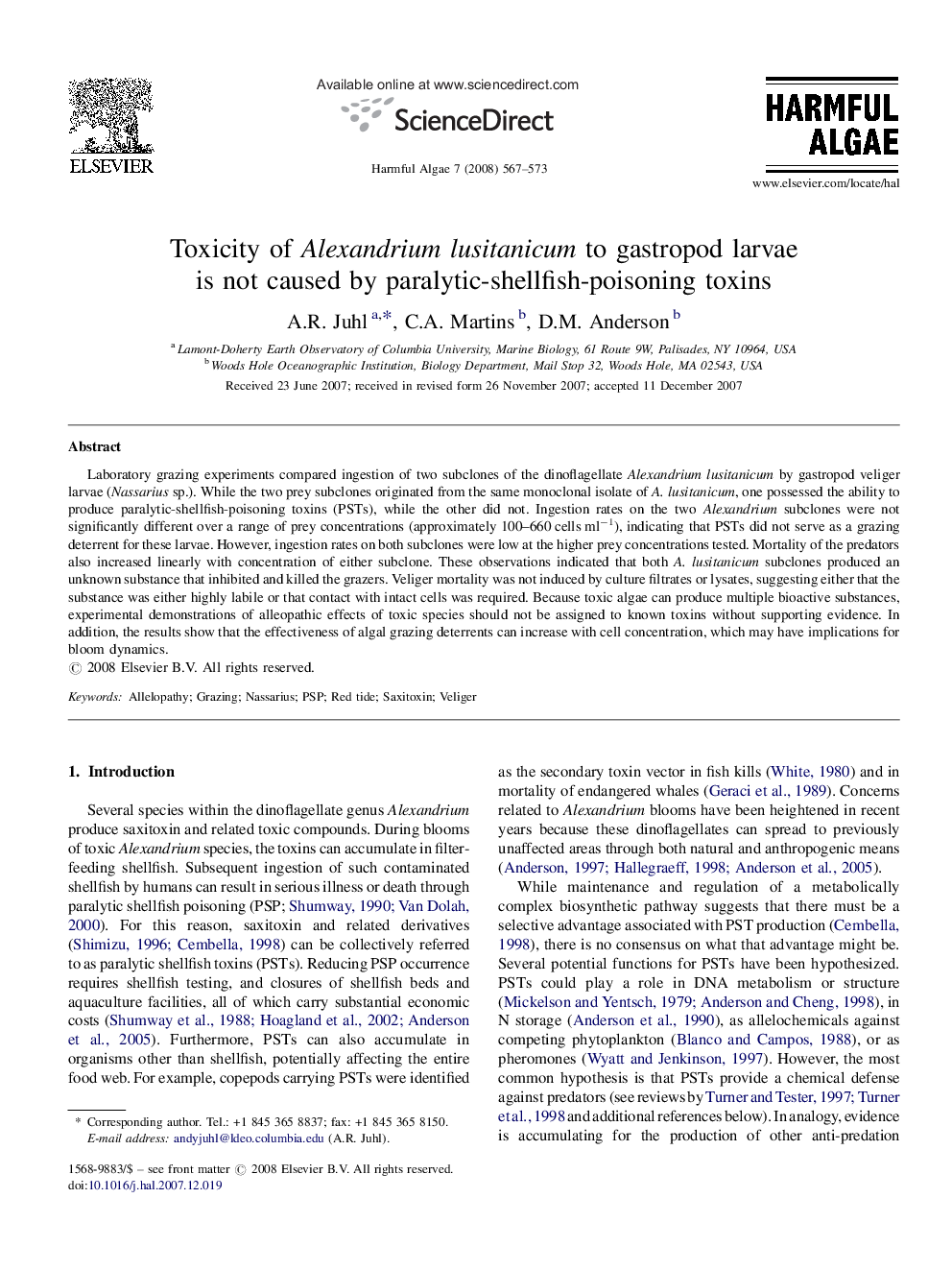 Toxicity of Alexandrium lusitanicum to gastropod larvae is not caused by paralytic-shellfish-poisoning toxins