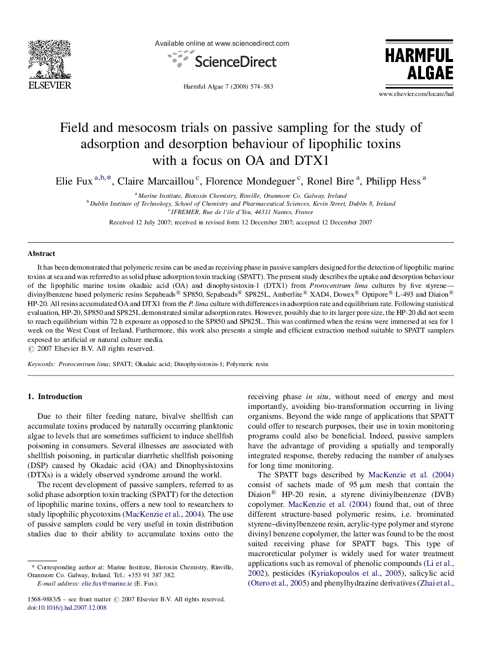 Field and mesocosm trials on passive sampling for the study of adsorption and desorption behaviour of lipophilic toxins with a focus on OA and DTX1