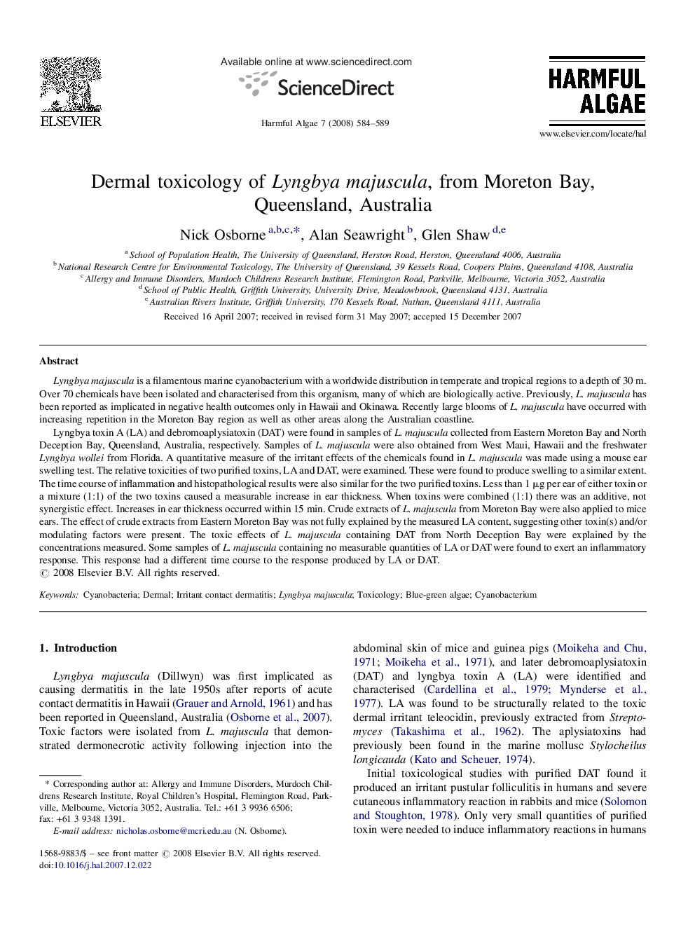 Dermal toxicology of Lyngbya majuscula, from Moreton Bay, Queensland, Australia