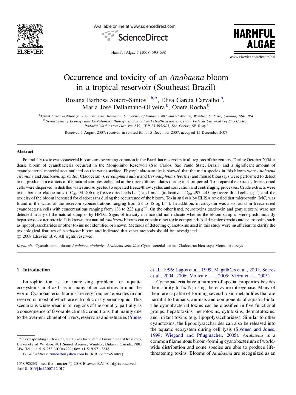 Occurrence and toxicity of an Anabaena bloom in a tropical reservoir (Southeast Brazil)