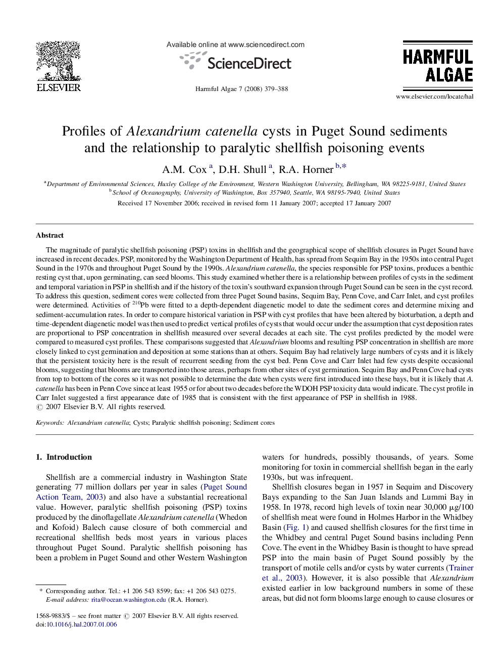 Profiles of Alexandrium catenella cysts in Puget Sound sediments and the relationship to paralytic shellfish poisoning events