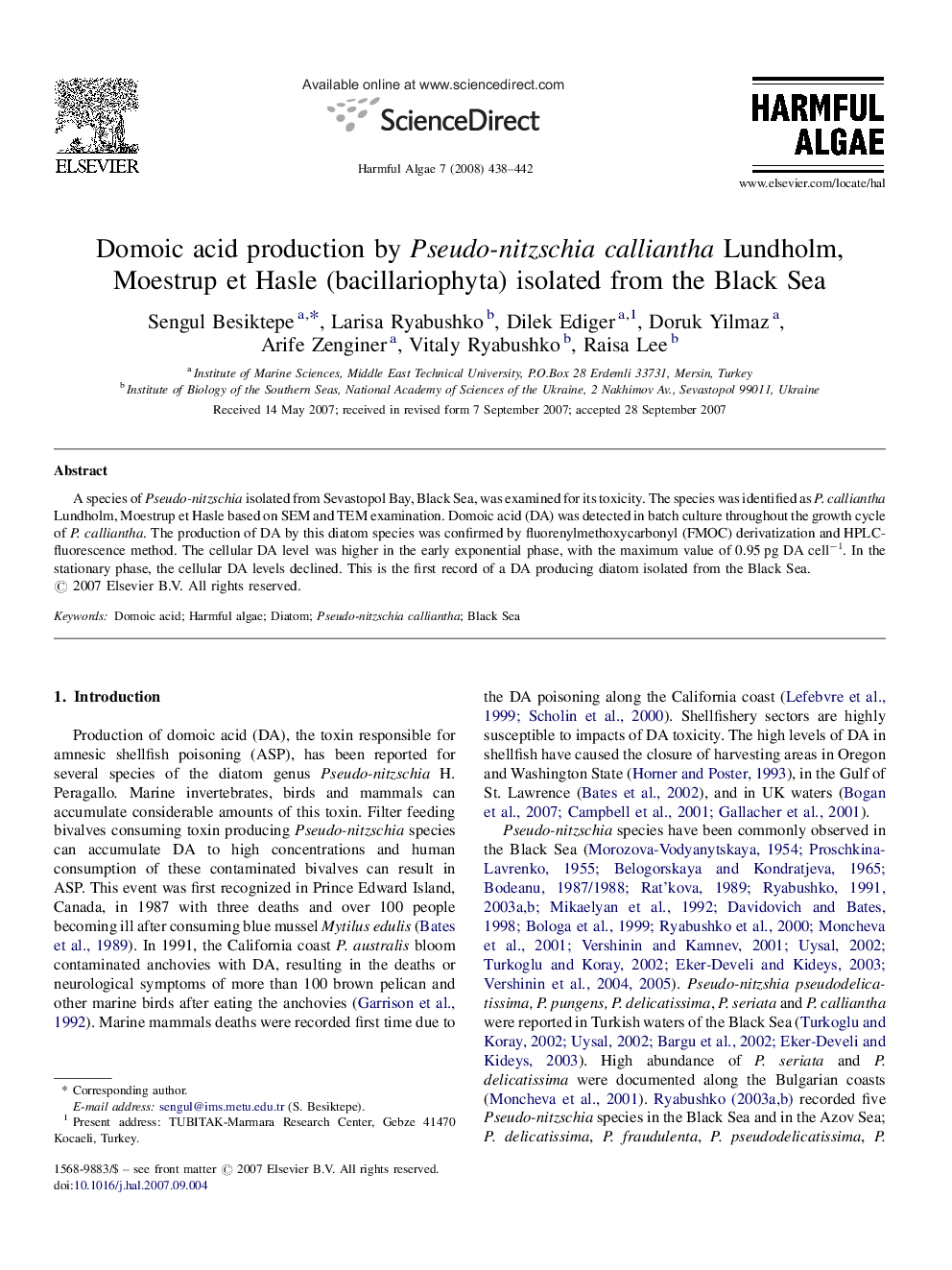 Domoic acid production by Pseudo-nitzschia calliantha Lundholm, Moestrup et Hasle (bacillariophyta) isolated from the Black Sea