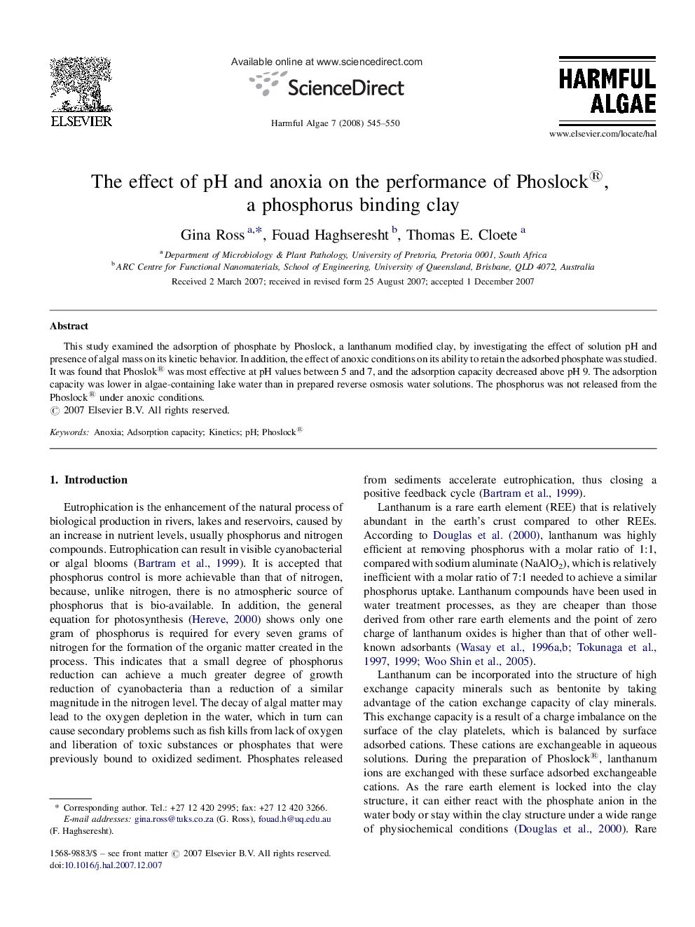 The effect of pH and anoxia on the performance of Phoslock®, a phosphorus binding clay