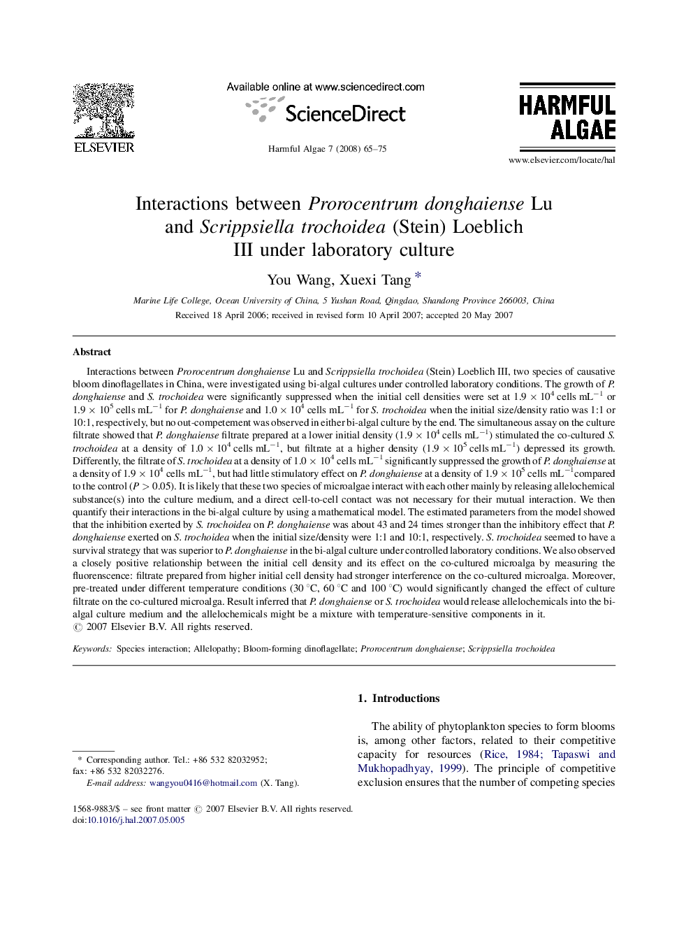 Interactions between Prorocentrum donghaiense Lu and Scrippsiella trochoidea (Stein) Loeblich III under laboratory culture