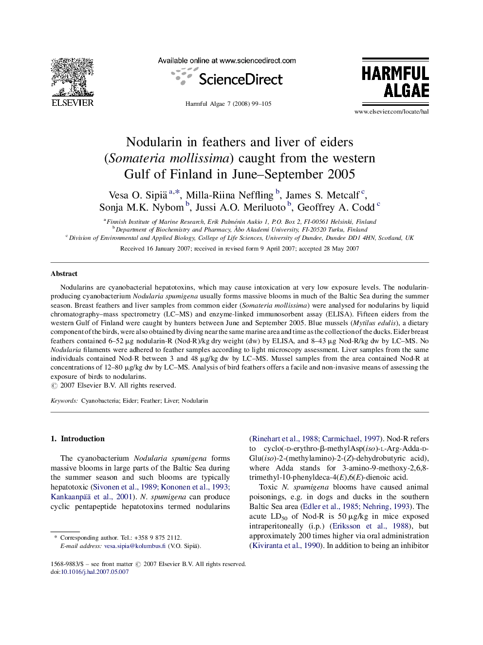 Nodularin in feathers and liver of eiders (Somateria mollissima) caught from the western Gulf of Finland in June–September 2005