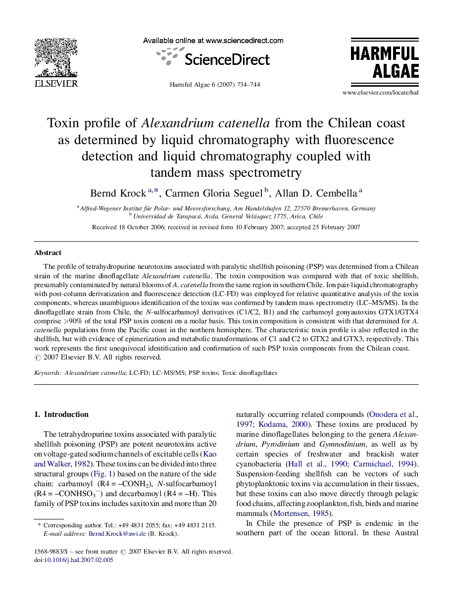 Toxin profile of Alexandrium catenella from the Chilean coast as determined by liquid chromatography with fluorescence detection and liquid chromatography coupled with tandem mass spectrometry