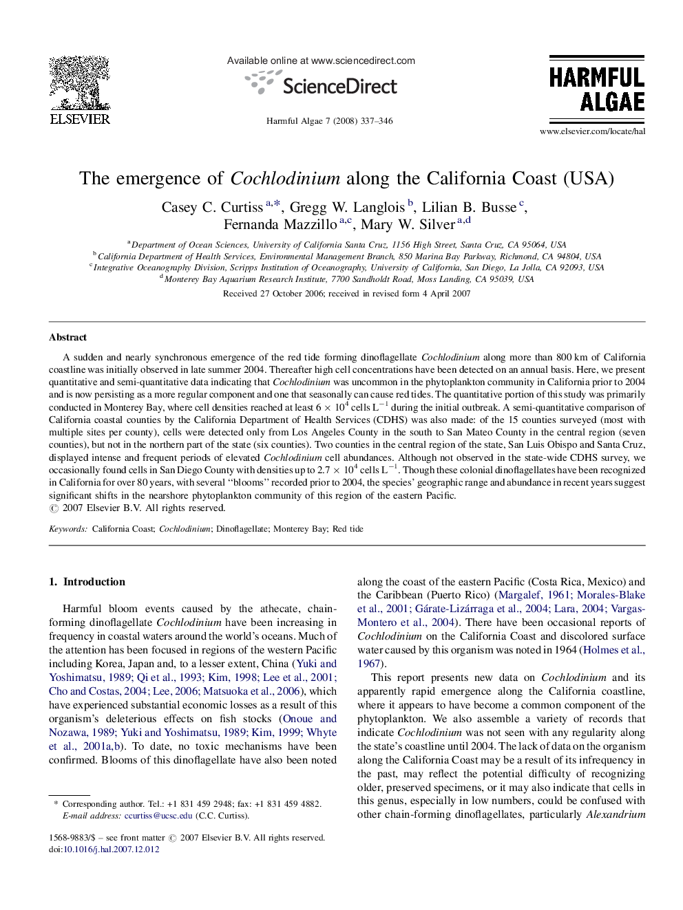 The emergence of Cochlodinium along the California Coast (USA)