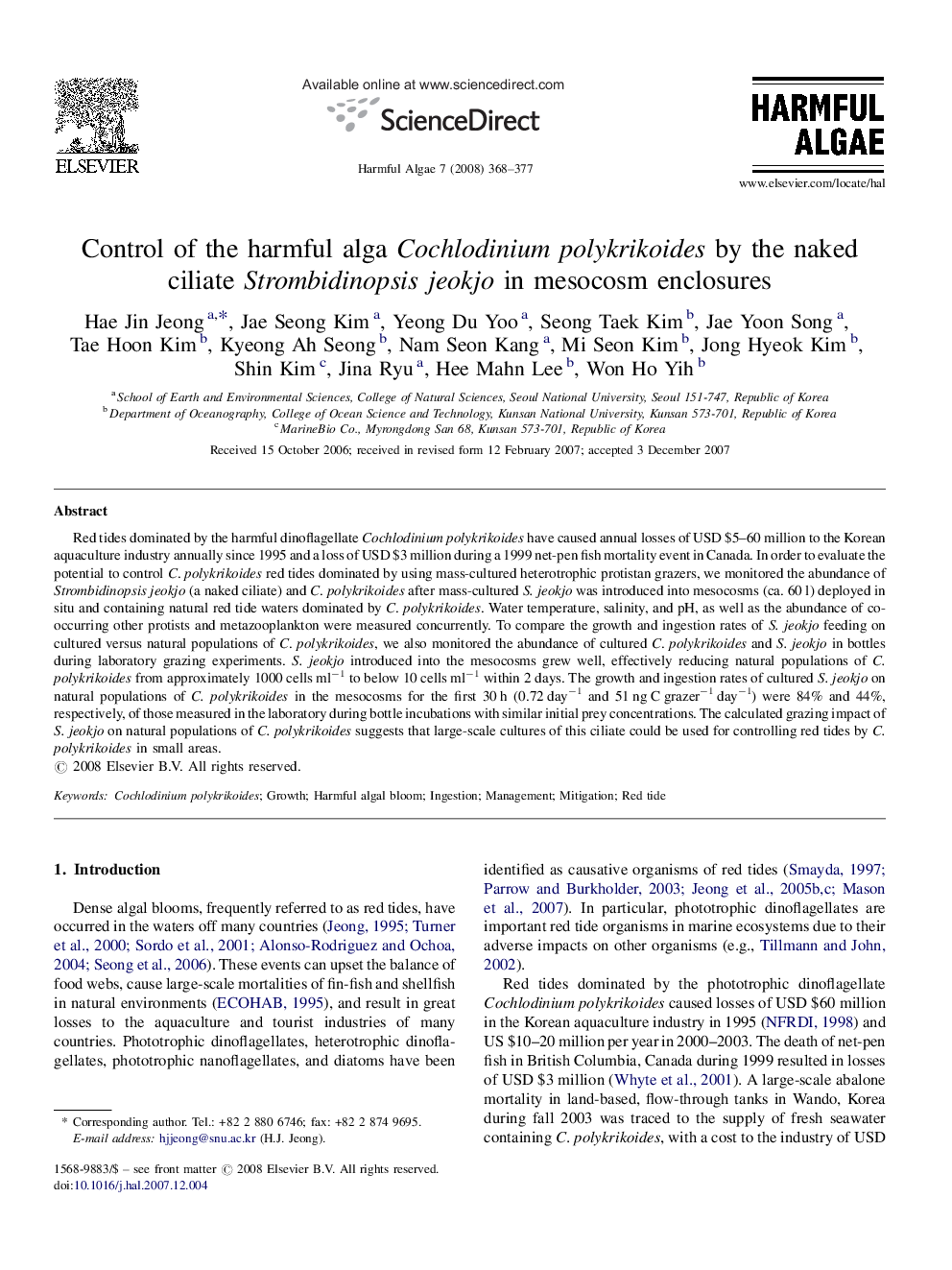 Control of the harmful alga Cochlodinium polykrikoides by the naked ciliate Strombidinopsis jeokjo in mesocosm enclosures