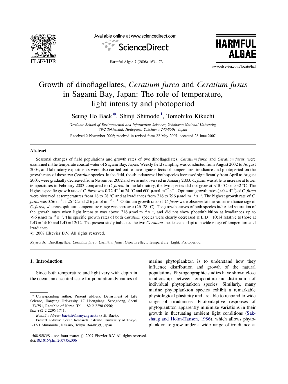 Growth of dinoflagellates, Ceratium furca and Ceratium fusus in Sagami Bay, Japan: The role of temperature, light intensity and photoperiod