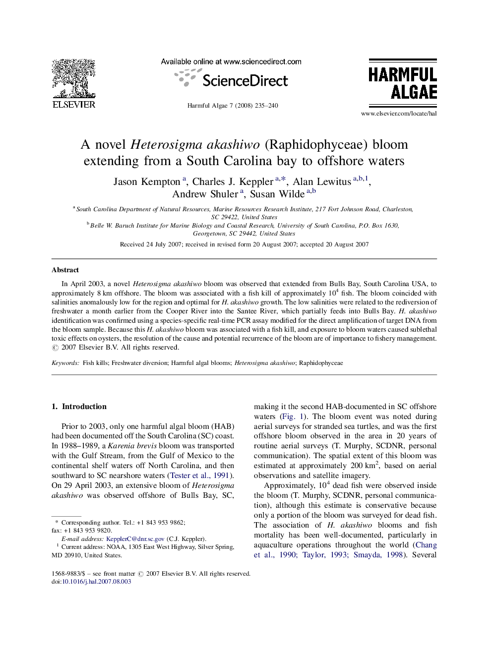 A novel Heterosigma akashiwo (Raphidophyceae) bloom extending from a South Carolina bay to offshore waters